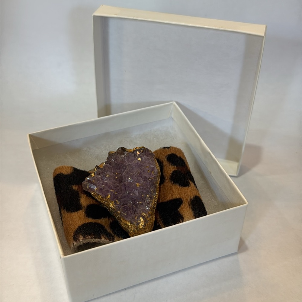 Amethyst Stone Dyed Calf Hair Leather Leopard Print Metal Shell Bracelet - Picture 9 of 9